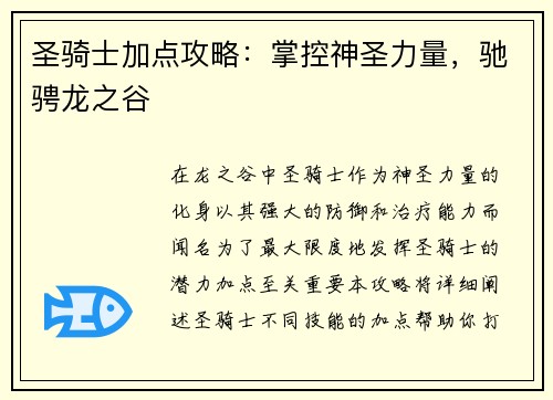 圣骑士加点攻略：掌控神圣力量，驰骋龙之谷