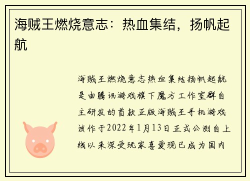 海贼王燃烧意志：热血集结，扬帆起航